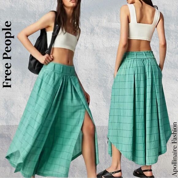 FREE PEOPLE LUNAR COVE ILLUSION WIDE LEG PANTS IN GREEN BLUE MEDIUM NEW - Picture 1 of 10